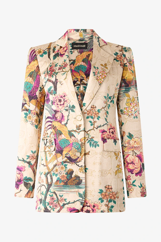 Silk Blazer With Oriental Bird Print