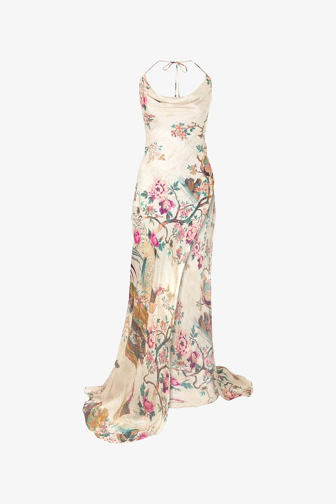 Extra-Long Pure Silk Dress With Oriental Bird Print