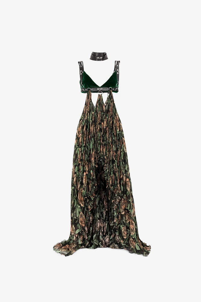 Patterned pleated maxi dress
