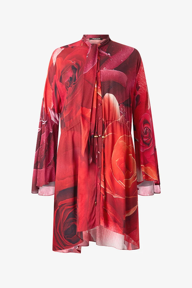 Rose-Print Mini Dress With Pussy-Bow