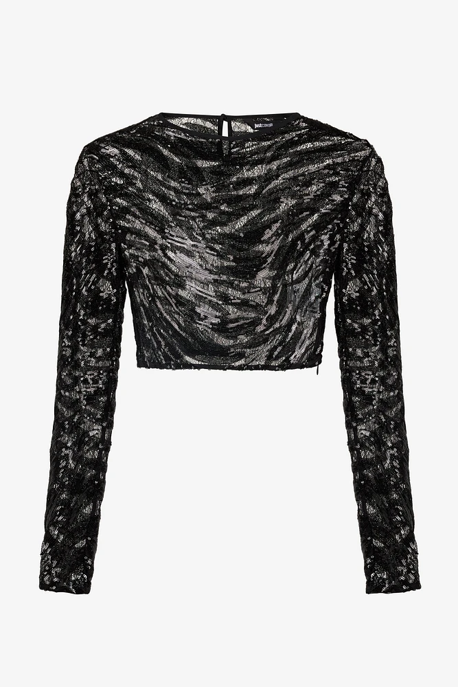 Crop Top With Rhinestone-Detailed Zebra Design