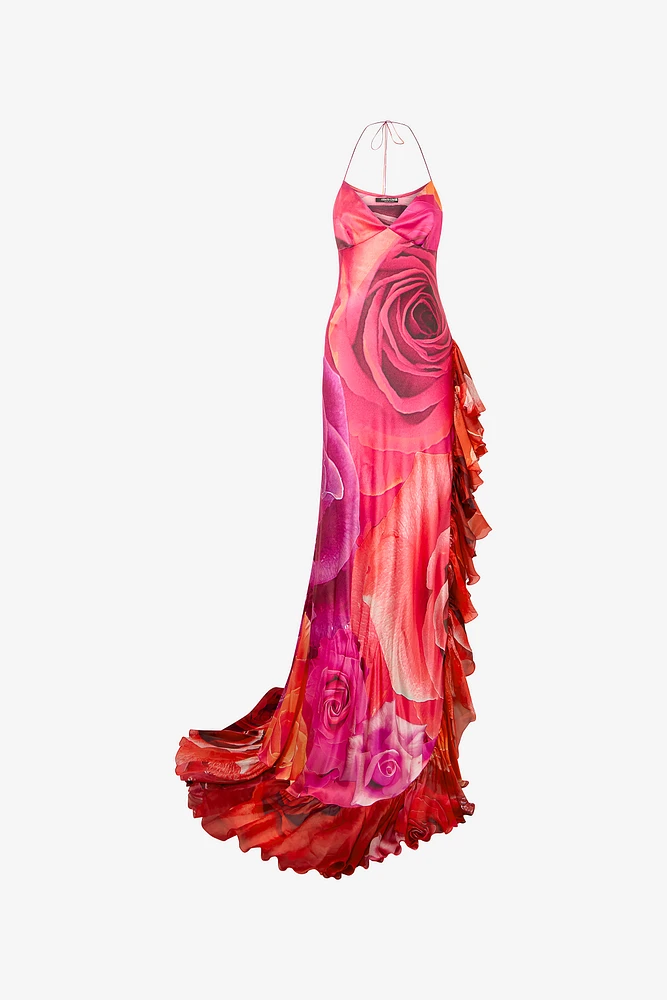 Dress With Rose Print And Flounces