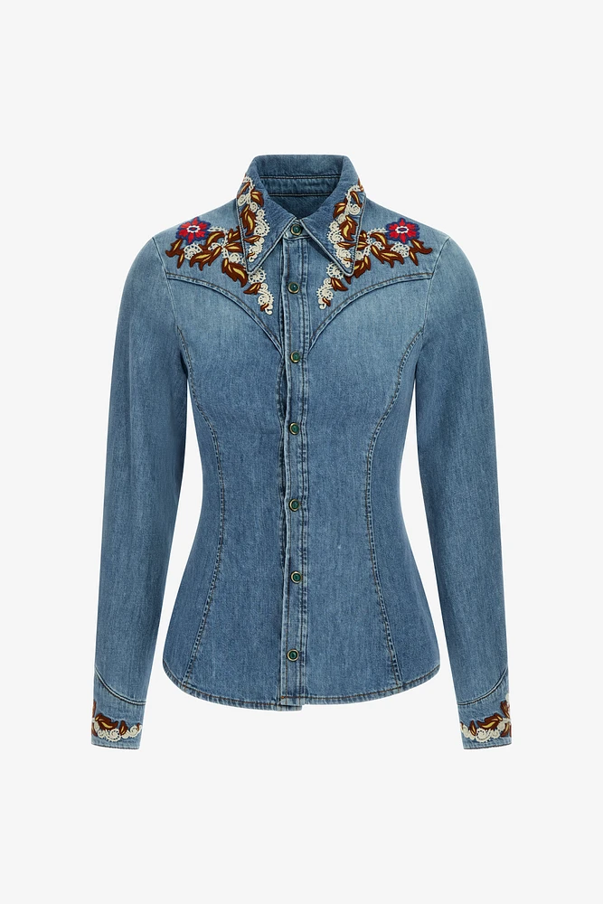 Blue Denim Shirt With Floral Embroidery