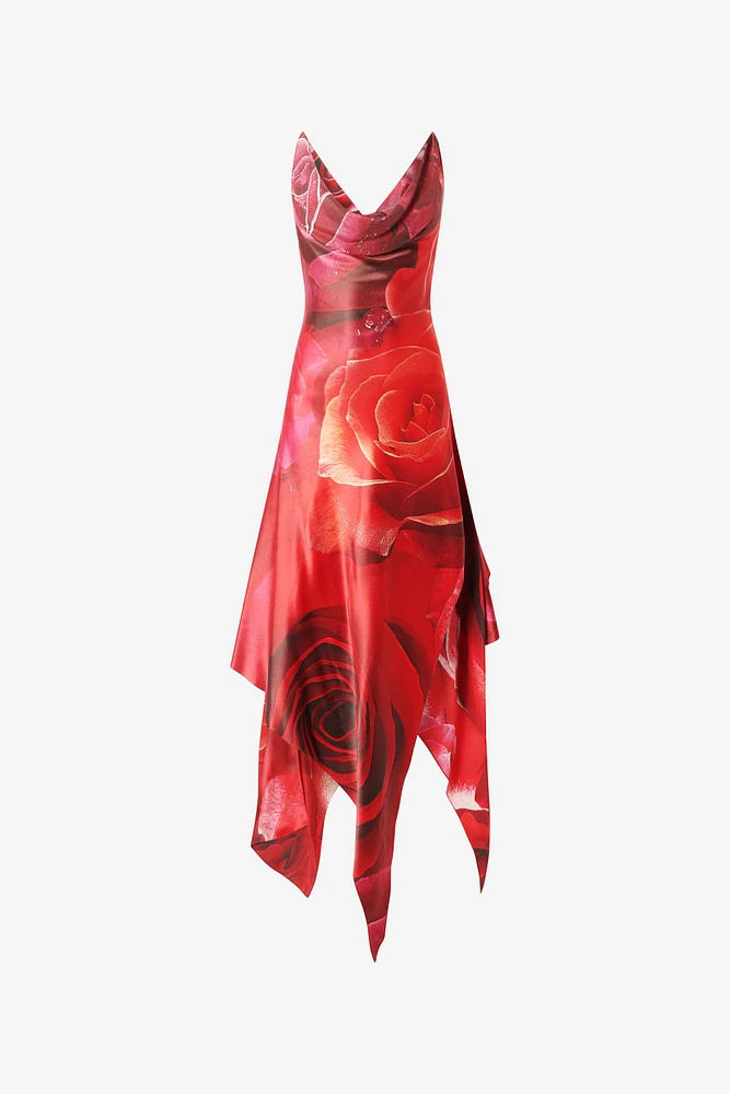 Dress With Asymmetric Skirt And Rose Print