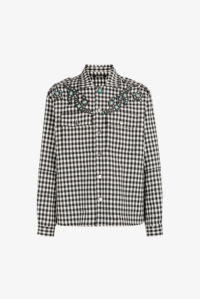 Turquoise-Embellished Gingham Jacket