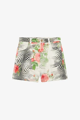 Shorts With White Tigress And Rose Print