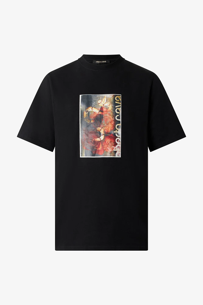 T-Shirt With Distressed-Effect Snake And Rose Print