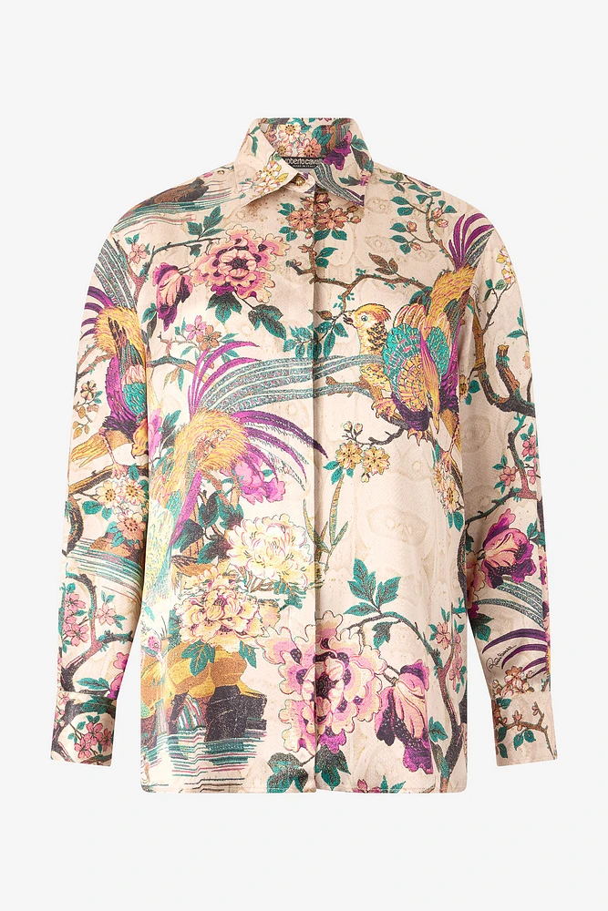 Silk Shirt With Oriental Bird Print