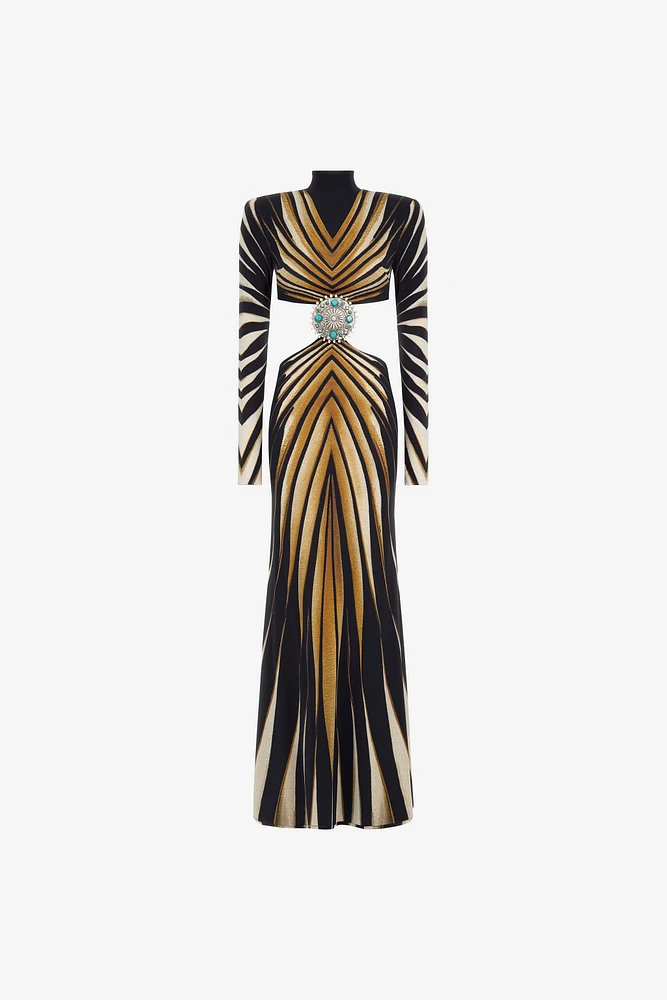 Cut-out knit dress with Ray of Gold print