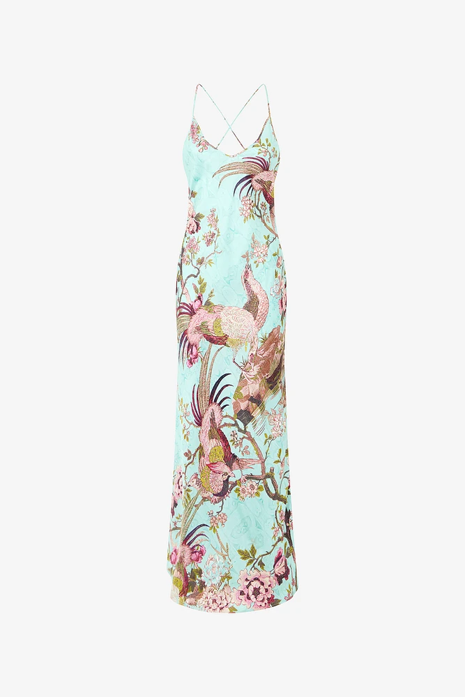 Slip Dress With Oriental Bird Print
