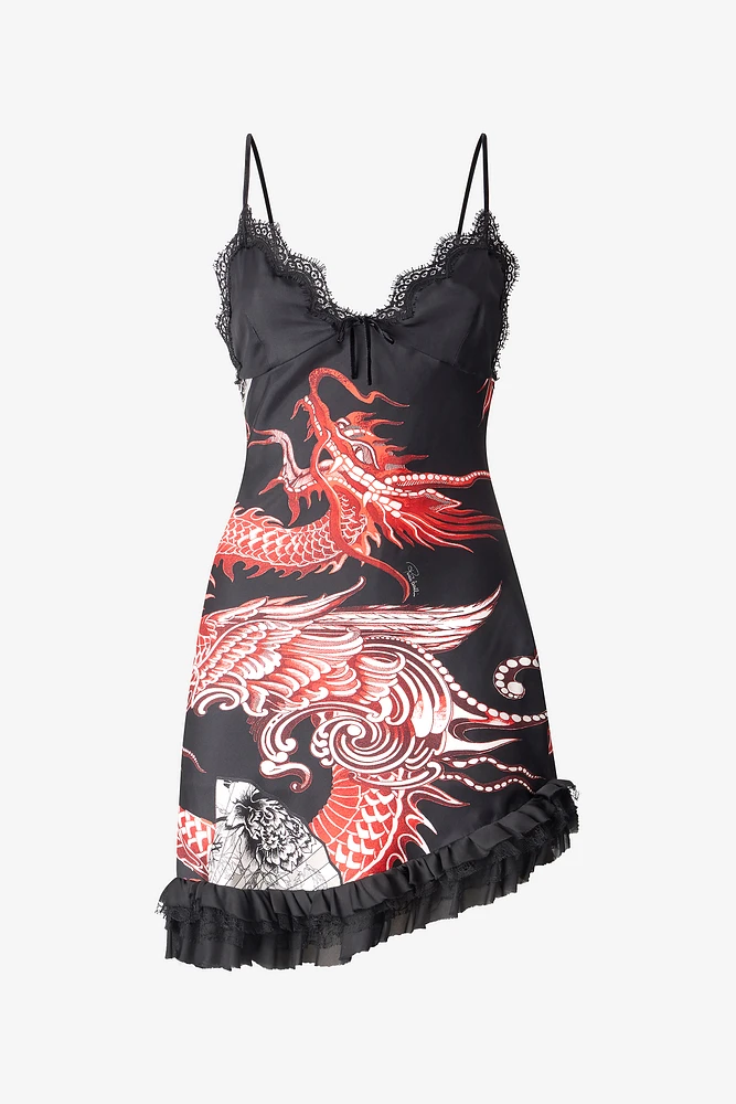 Silk Mini Dress With Dragon And Ruches