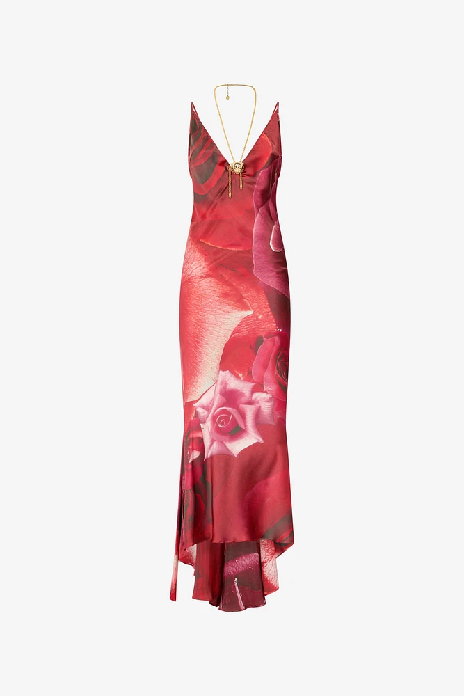 Long Dress With Rose Print And Bejeweled Tiger