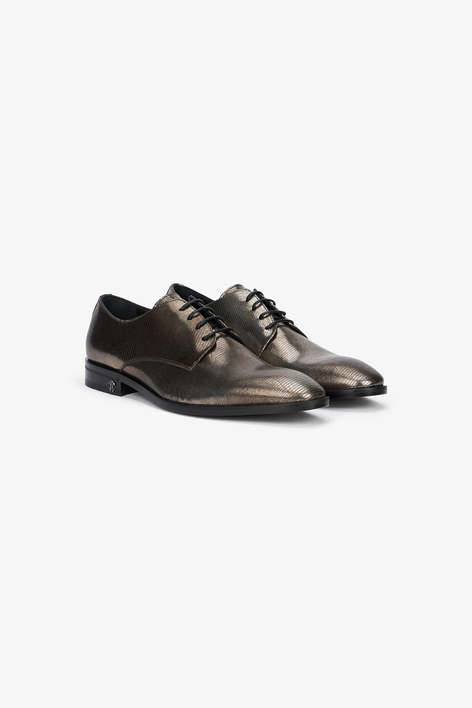 Brown Lace-Up Leather Loafers with Python Effect