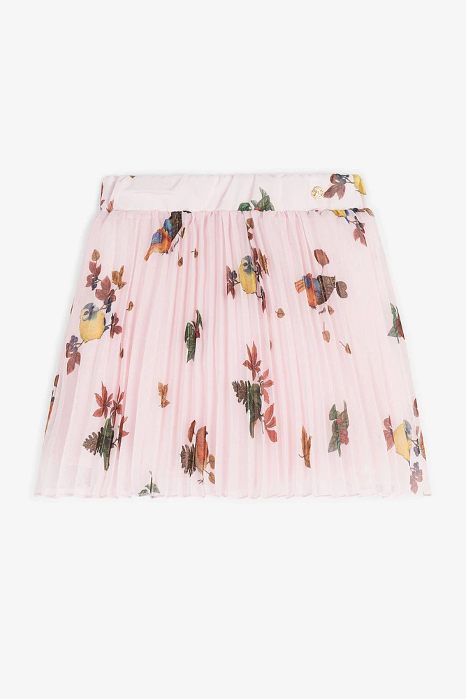 Bird-Print Pleated Skirt