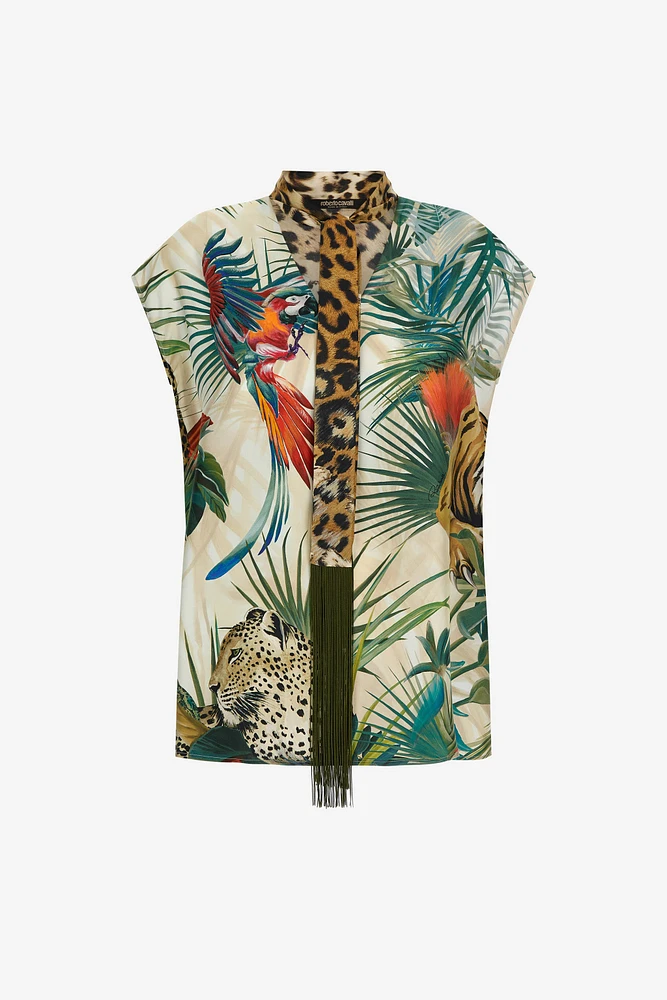 Jungle Print Silk Top With Scarf Detail