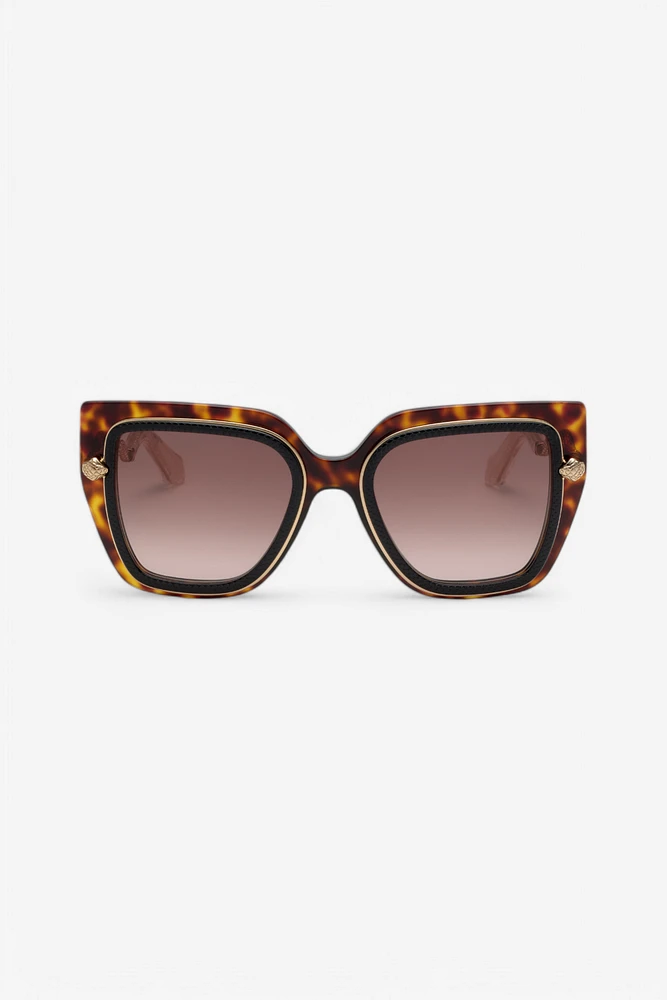 Wide and feminine front sunglasses with double ring decoration