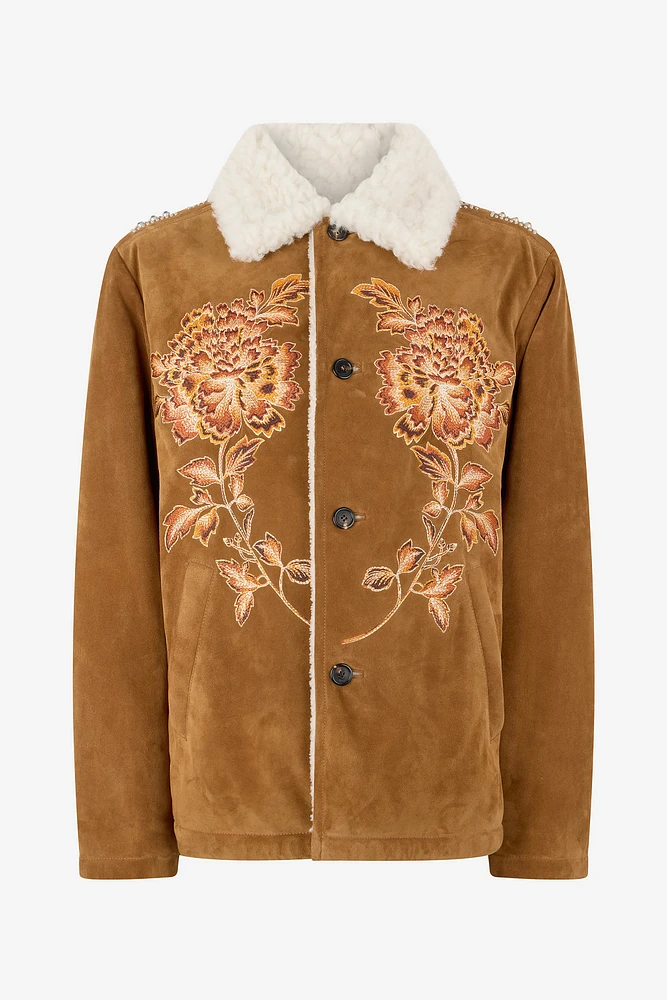 Suede Leather Jacket With Flowers And Tigers