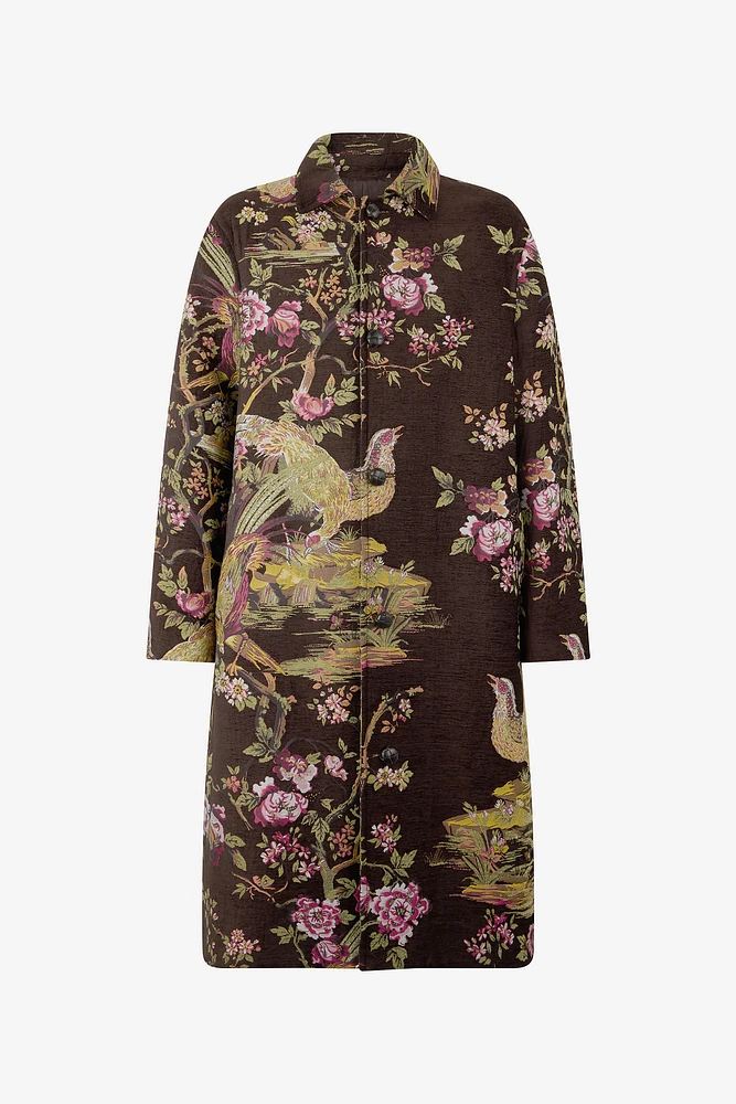 Wool-Blend Coat With Oriental Bird Print