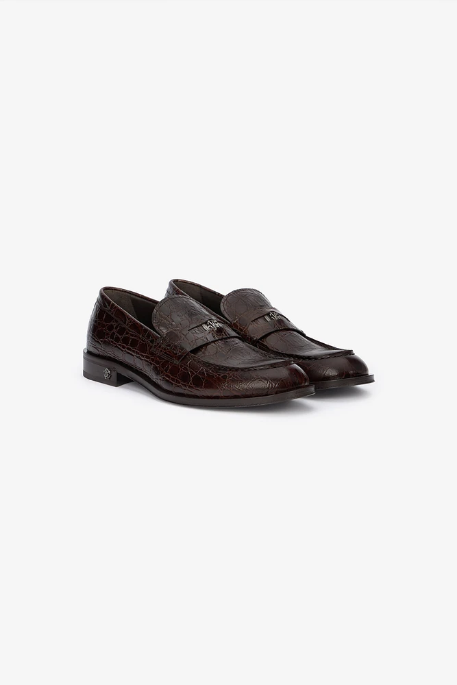 Brown Leather Loafers with Crocodile Effect
