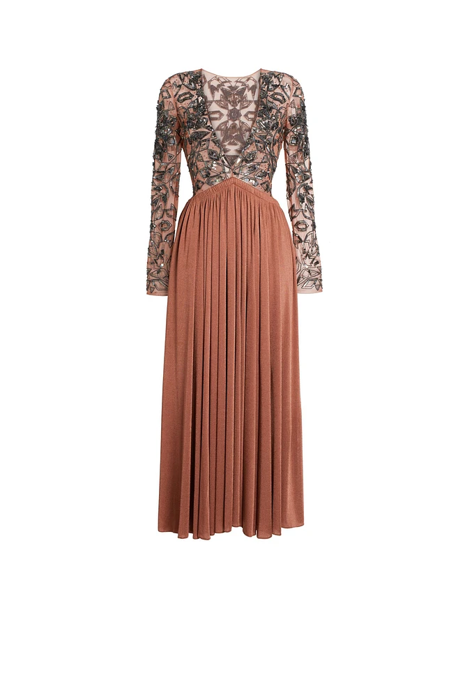 Long V-neck sequin embroidered dress