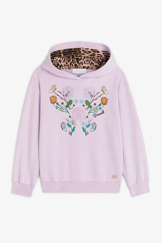 Floral-embroidered cotton hoodie