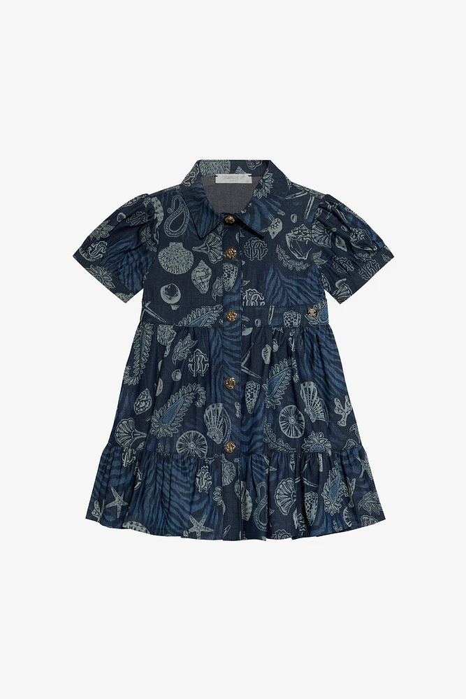 Cotton Dress With Marine Print And Flounce