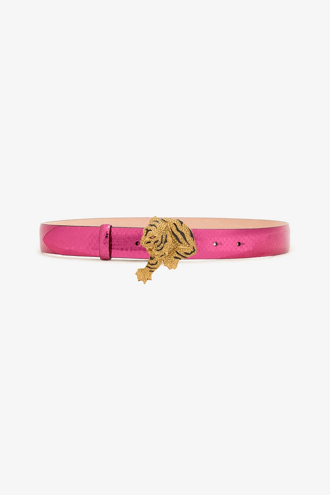 Belt with Snake Print and Jewel Tiger Detail