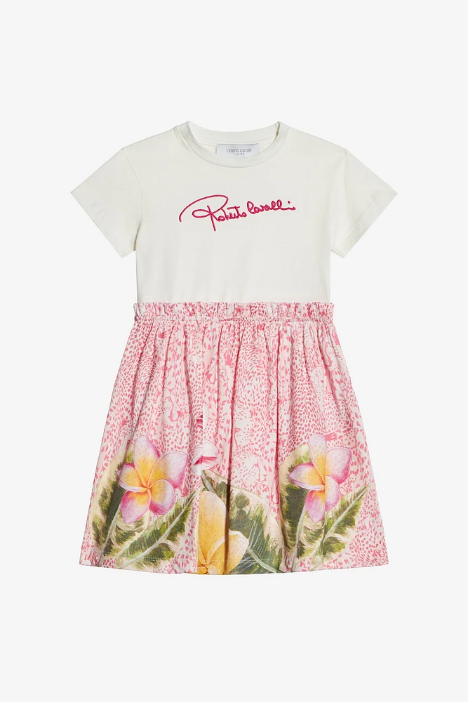 Dress With Broderie Anglaise And Printed Skirt
