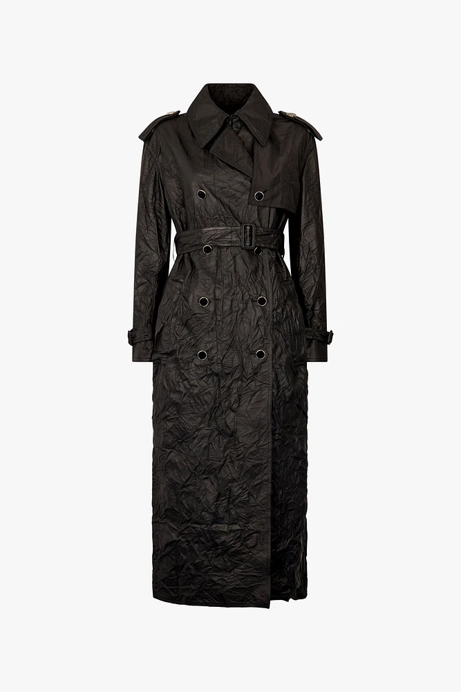 Long Crinkle-Effect Trench Coat