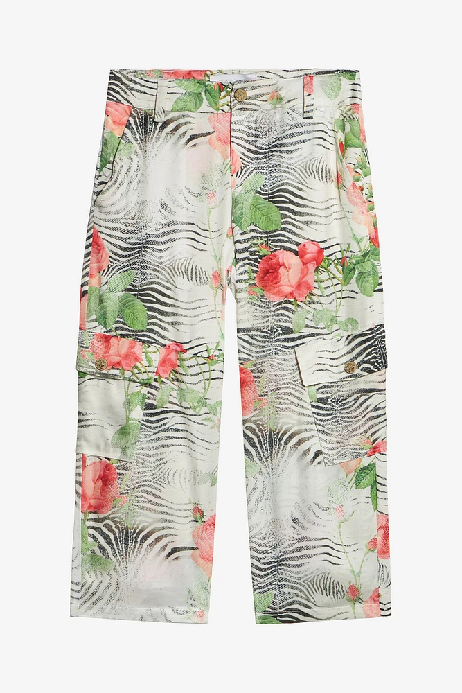 Pants With Mini Zebra And Rose Print