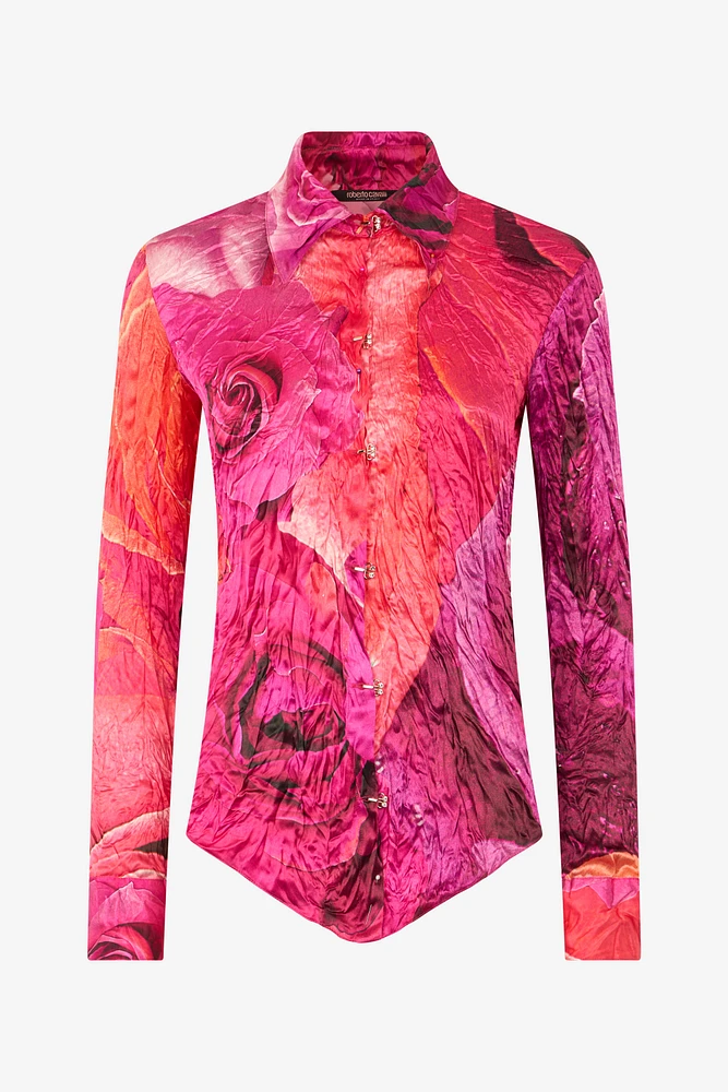 Shirt With Bejeweled Buttons And Rose Print