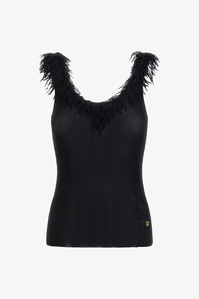 Black Ribbed Knit Top With Frayed Trim