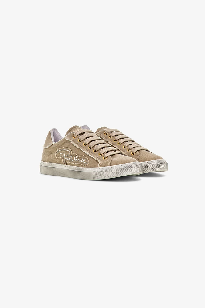 Beige Low-Top Sneaker With Crystal Logo