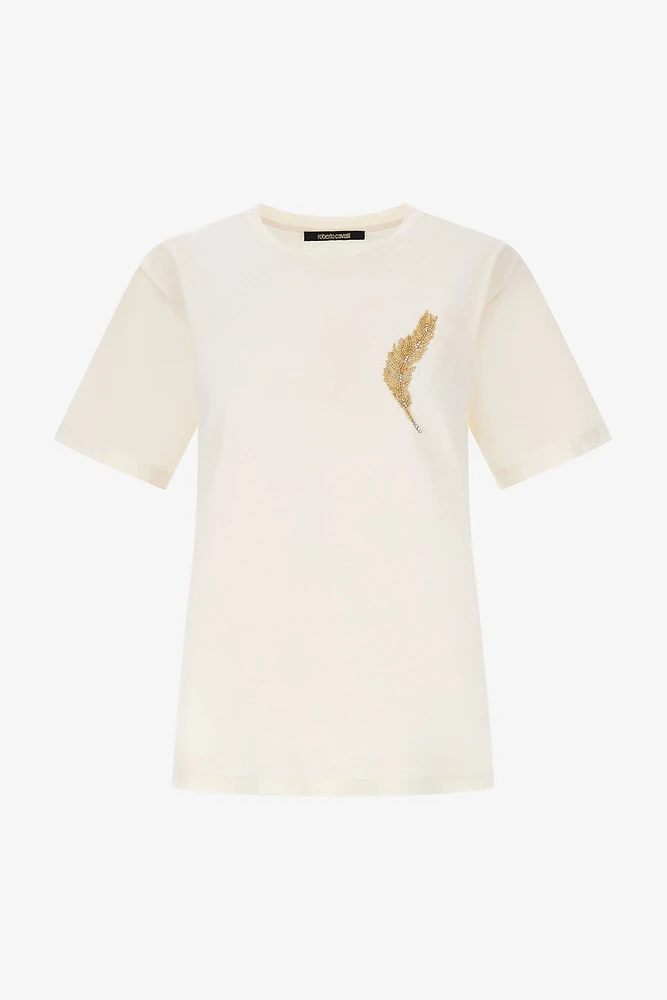 Ivory T-shirt with Feather Embroidery