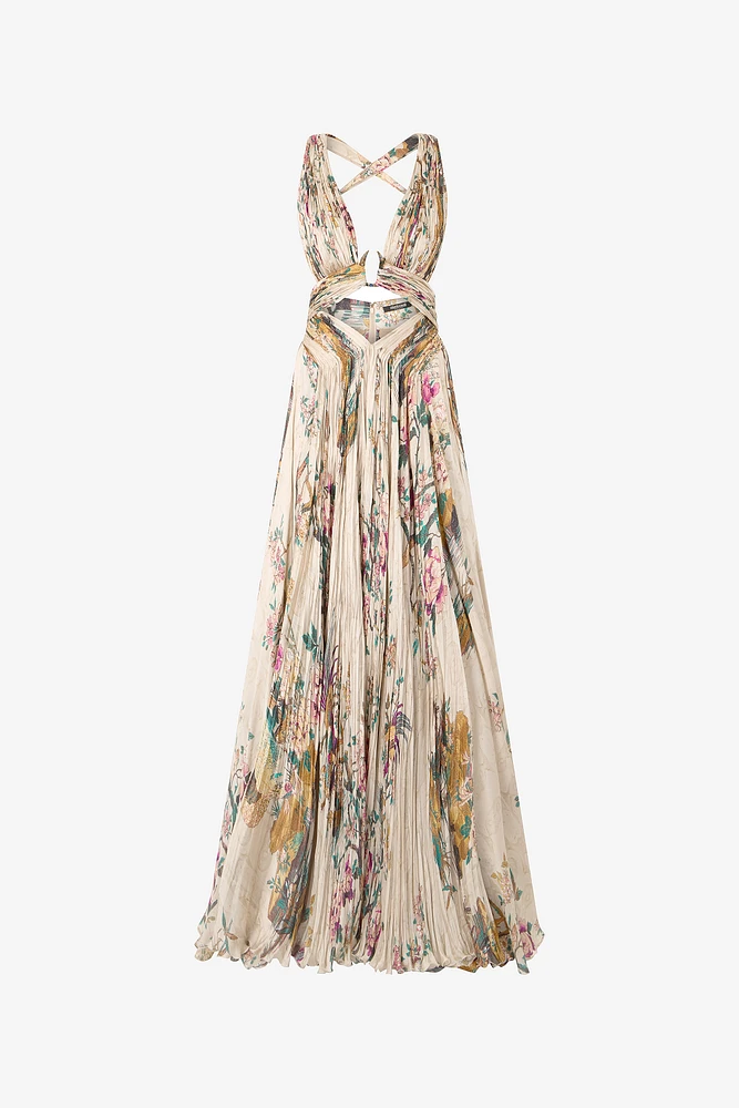 Extra-Long Silk Dress With Oriental Bird Print