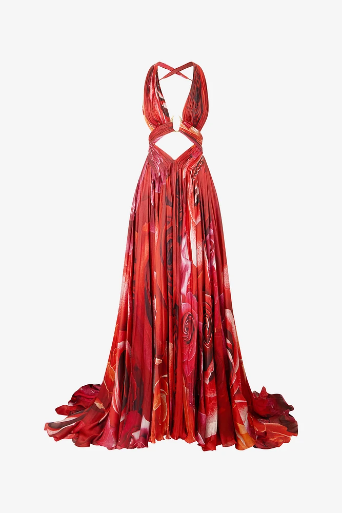Long Dress With Rose Print And Cut-Out