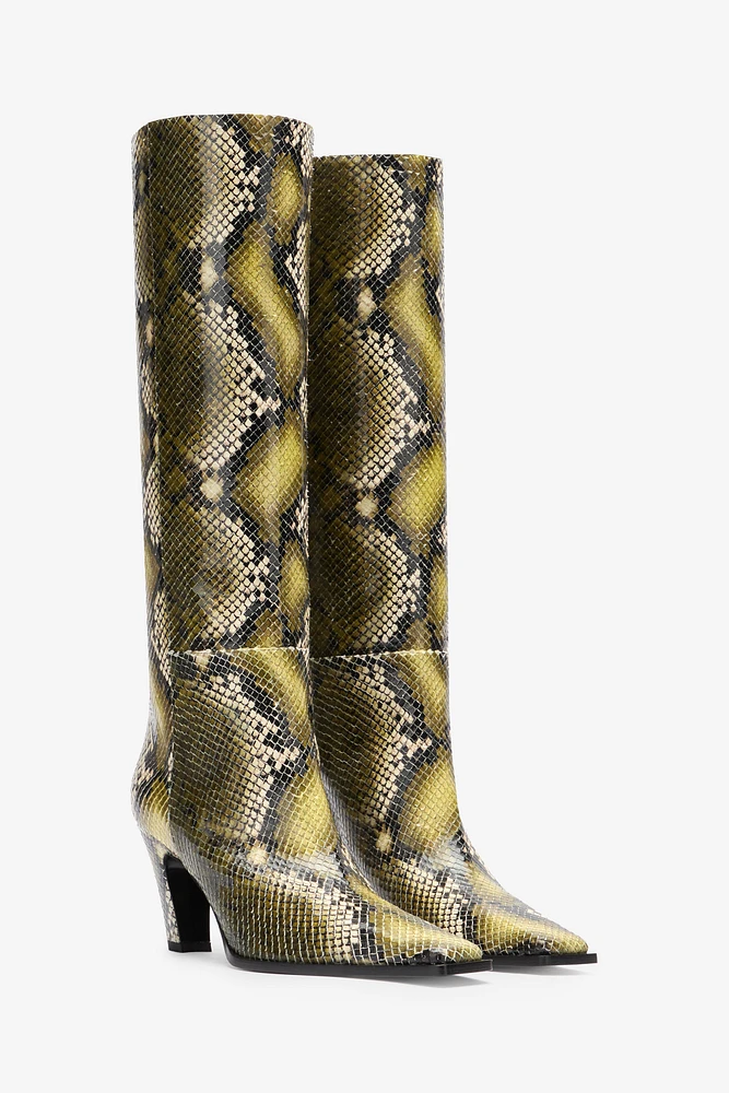 Knee-high boots with python print