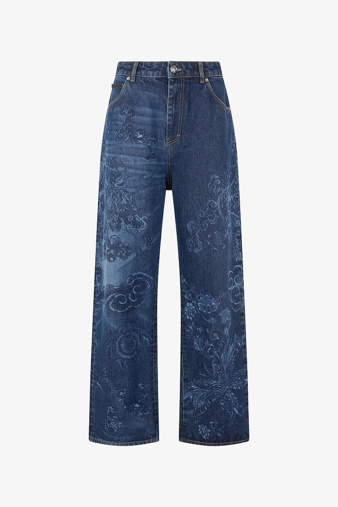 Jeans With Dragon And Floral Pattern