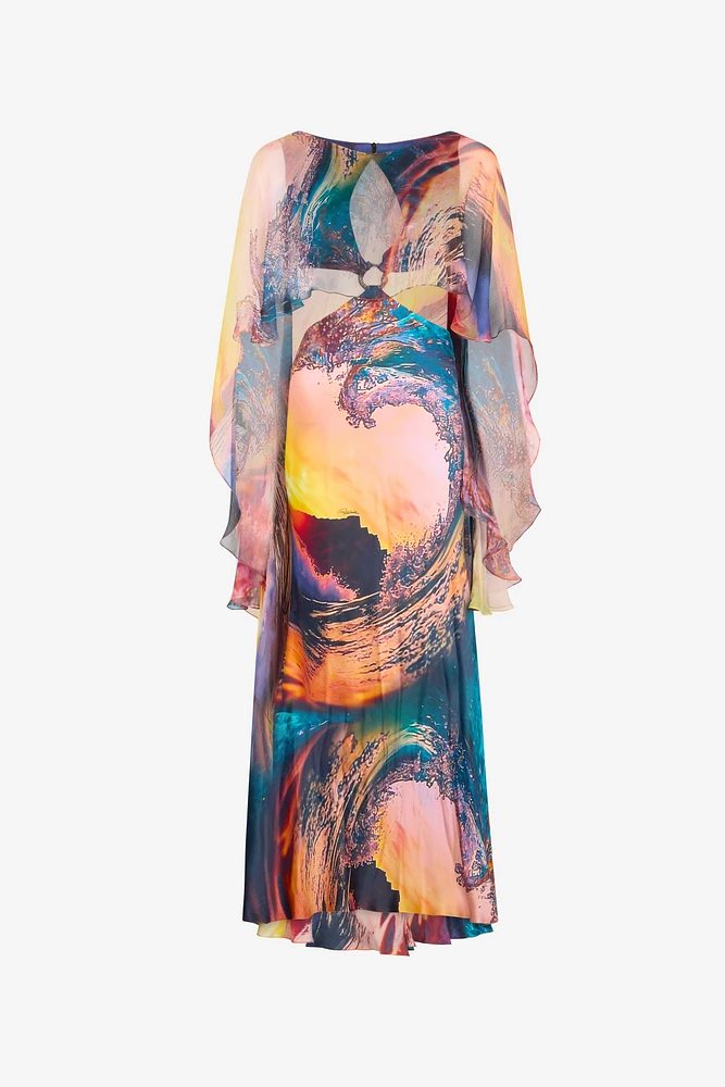 Itaca Print Long Dress with Cape