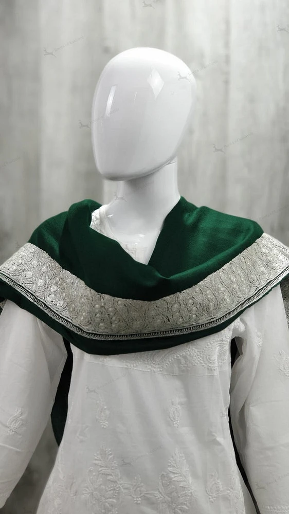 Pure Pashmina Shawl Green with Silver Tilla Work (ONE OF A KIND)