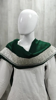 Pure Pashmina Shawl Green with Silver Tilla Work (ONE OF A KIND)