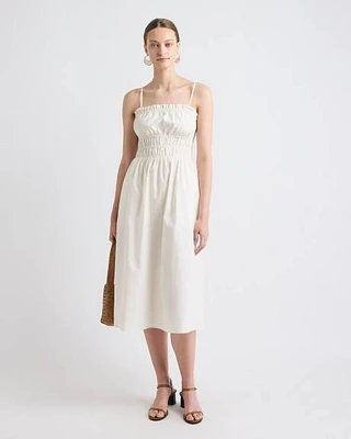 Robe Midi Cintrée et Évasée Sans Manches avec Haut Smocké en Popeline