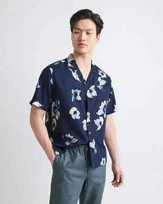 Chemise Fleurie à Manches Courtes et Col Camp en Mélange de Lin