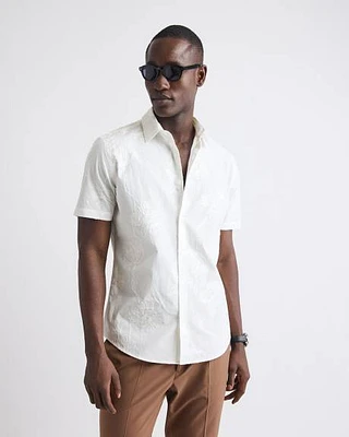 Short-Sleeves Tailored-Fit Dress Shirt with Floral Embroideries