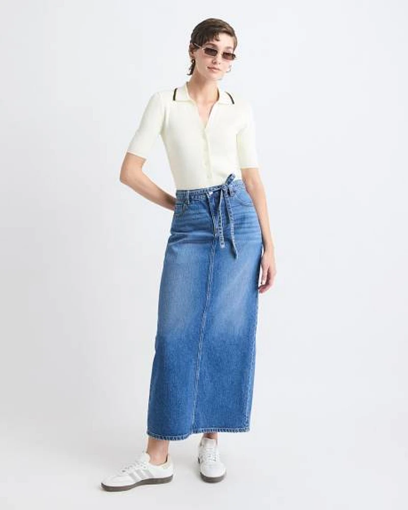 Maxi Medium-Wash Denim Skirt with Back Slit