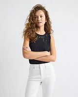 Sleeveless Crew-Neck Top with Eyelet Details