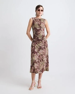 Robe Midi Sans Manches à Col Rond avec Couture Froncée