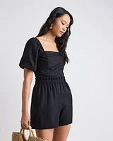 Linen-Blend Square-Neck Tube Top with Puffy Sleeves