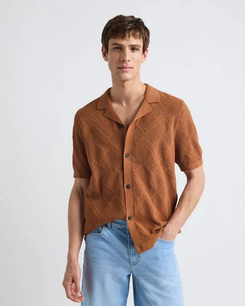 Short-Sleeve Buttoned-Down Argyle Sweater with Camp Collar