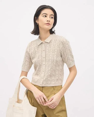 Short-Sleeve Buttoned-Down Sweater Top with Shirt Collar